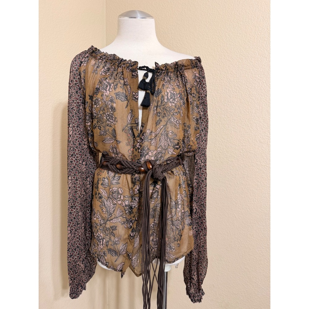 Free People Floral Sheer Peasant Blouse Brown Tan Boho Balloon Sleeve Large